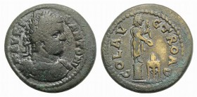 Caracalla (198-217). Troas, Alexandria. Æ (25mm, 9.14g, 6h). Laureate and cuirassed bust r. R/ Cult statue of Apollo Smintheus standing r., holding bo...