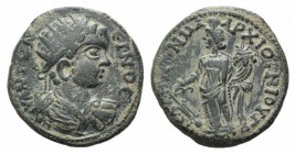 Caracalla (198-217). Lydia, Sala(?). Æ (23mm, 6.95g, 6h). ANTΩNEINOC, Radiate, draped and cuirassed bust r. R/ CAΛH[..]N MA APX IO NIOYΓO[…], Tyche st...