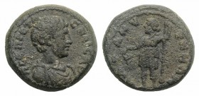 Geta (Caesar, 198-209). Mysia, Adramyteum. Æ (19mm, 5.07g, 6h). Bare-headed, draped and cuirasssed bust r. R/ Dionysos standing l., holding kantharos ...
