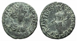 Geta (Caesar, 198-209). Pisidia, Antioch. Æ (22mm, 5.81g, 6h). Bare-headed and draped bust r. R/ Tyche standing l., holding branch and cornucopia. Krz...