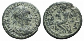Gordian III (238-244). Macedon, Pella. Æ (25mm, 8.19g, 6h). Laureate, draped and cuirassed bust r. R/ Pan seated l. on rocks, holding pedum and raisin...