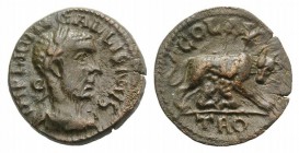 Gallienus (253-268). Troas, Alexandria. Æ (20mm, 4.58g, 6h). Laureate, draped and cuirassed bust r. R/ She-wolf standing r., suckling Twins. Bellinger...