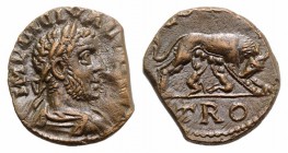 Gallienus (253-268). Troas, Alexandria. Æ (18.5mm, 4.83g, 1h). Laureate, draped and cuirassed bust r. R/ She-wolf standing r., suckling Twins. Belling...