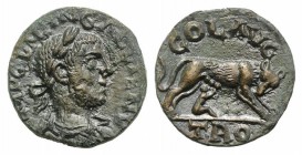 Gallienus (253-268). Troas, Alexandria. Æ (20mm, 5.88g, 6h). Laureate, draped and cuirassed bust r. R/ She-wolf standing r., suckling Twins. Bellinger...