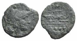 Anonymous, Rome, after 211 BC. Æ Triens (22mm, 5.58g, 3h). Helmeted head of Minerva r. R/ Prow of galley r. Cf. Crawford 56/4; RBW 208. Green patina, ...