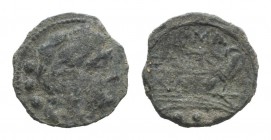 Anonymous, Rome, after 211 BC. Unofficial Æ Quadrans (17mm, 2.92g, 1h). Head of Hercules r. R/ Prow of galley r. Cf. Crawford 56/5. Green patina, Good...