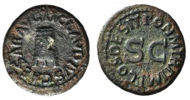Claudius (41-54). Æ Quadrans (18mm, 3.22g, 6h). Rome, AD 41. Three-legged modius. R/ Legend around large S • C. RIC I 84. Green-brown tone, Good Fine...