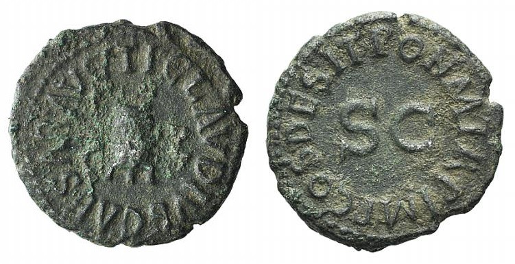 Claudius (41-54). Æ Quadrans (17mm, 2.45g, 6h). Rome, AD 41. Three-legged modius...