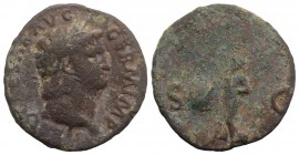 Nero (54-68). Æ As (27mm, 7.32g, 6h). Rome, c. AD 65. Laureate head r. R/ Victory flying l., holding shield inscribed S P Q R. RIC I 312. Fine