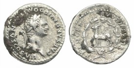 Domitian (Caesar, 69-81). AR Denarius (18mm, 3.00g, 6h). Rome, 80-1. Laureate head r. R/ Goat standing l. within laurel wreath. RIC II 267 (Titus); RS...