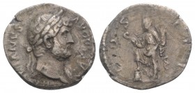 Hadrian (117-138). AR Denarius (17mm, 2.76g, 6h). Rome, 124-8. Laureate bust r., slight drapery. R/ Annona standing l., r. foot resting on modius, hol...