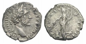 Antoninus Pius (138-161). AR Denarius (16mm, 2.80g, 6h). Rome, 157-8. Laureate head r. R/ Annona standing l., holding rudder on prow and grain ears ov...