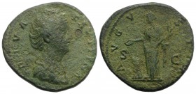 Diva Faustina Senior (died AD 140/1). Æ Sestertius (32mm, 18.47g, 6h). Rome, 141-6. Draped bust r. R/ Vesta standing l., holding palladium and sacrifi...