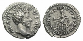 Marcus Aurelius (161-180). AR Denarius (18mm, 2.86g, 12h). Rome, AD 162. Bare head r. R/ Concordia seated l., holding patera and resting arm on statue...