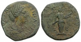 Diva Faustina Junior (died 175/6). Æ Sestertius (30mm, 20.91g, 6h). Rome, 175-6. Draped bust r. R/ Diva Faustina, as Diana, standing front, head r., h...