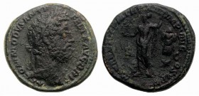 Commodus (177-192). Æ Sestertius (32mm, 23.29g, 6h). Rome, AD 189. Laureate head r. R/ Minerva standing l., holding Victory and reversed spear; shield...
