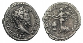 Septimius Severus (197-213). AR Denarius (18mm, 2.98g, 6h). Rome, 198-200. Laureate head r. R/ Victory flying l. holding open wreath in both hands ove...