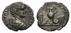 Caracalla (Caesar, 196-198). AR Denarius (17mm, 2.63g, 12h). Rome, 196/7. Draped bust r. R/ Priestly implements: lituus, cultellus, capis, simpulum an...
