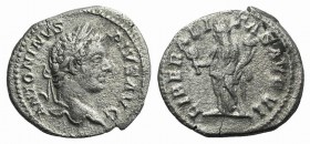 Caracalla (198-217). AR Denarius (19mm, 2.96g, 6h). Rome, AD 209. Laureate head r. R/ Liberalitas standing facing, head l., holding abacus and cornuco...