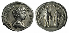Geta (Caesar, 198-209). AR Denarius (17mm, 3.50g, 12h). Rome, 200-5. Bareheaded and draped bust r. R/ Geta standing l., holding baton and sceptre; tro...