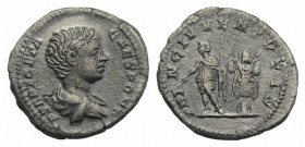 Geta (Caesar, 198-209). AR Denarius (19mm, 3.22g, 6h). Rome, 200-5. Bareheaded and draped bust r. R/ Geta standing l., holding baton and sceptre; trop...