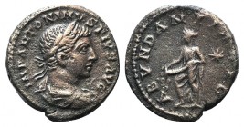 Elagabalus (218-222). AR Denarius (18mm, 3.31g, 12h). Rome, 221-2. Laureate and draped bust r. R/ Abundantia standing l., emptying out cornucopiae; st...