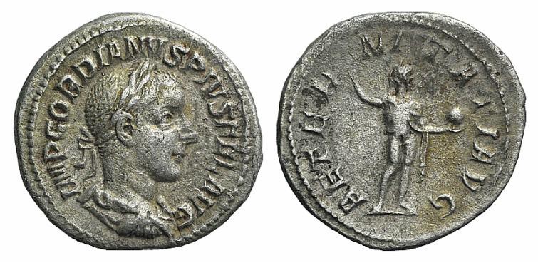 Gordian III (238-244). AR Denarius (20mm, 3.22g, 6h). Rome, AD 240. Laureate, dr...