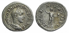 Gordian III (238-244). AR Denarius (20mm, 3.22g, 6h). Rome, AD 240. Laureate, draped, and cuirassed bust r. R/ Sol standing facing, head turned r., ra...