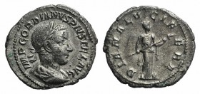 Gordian III (238-244). AR Denarius (20mm, 2.42g, 12h). Rome, AD 240. Laureate, draped and cuirassed bust r. R/ Diana Lucifera standing r., holding lon...