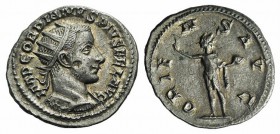 Gordian III (238-244). AR Antoninianus (21mm, 4.54g, 5h). Antioch, 242-4. Radiate and cuirassed bust r., seen from behind. R/ Sol standing facing, hea...