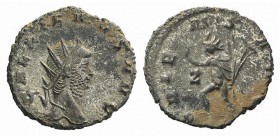 Gallienus (253-268). AR Antoninianus (20mm, 3.42g, 6h). Rome. Radiate bust r. R/ Sol walking l., holding whip and raising r. hand; Z to r. RIC V 249. ...