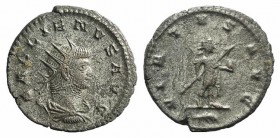 Gallienus (253-268). Antoninianus (20mm, 3.46g, 6h). Antioch, 264-5. Radiate, draped, and cuirassed bust r. R/ Gallienus standing r., holding spear an...