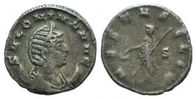 Salonina (Augusta, 254-268). Antoninianus (20mm, 3.32g, 12h). Mediolanum, 256-7. Draped bust r., wearing stephane, set on crescent. R/ Vesta standing ...