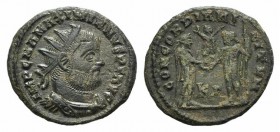 Maximianus (286-305). Æ Radiate (21mm, 3.48g, 7h). Cyzicus, 295-299. Radiate, draped and cuirassed bust r. R/ Prince standing r. in military dress, re...