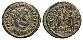 Maximianus (286-305). Æ Radiate (20mm, 3.50g, 12h). Cyzicus, 295-9. Radiate, draped and cuirassed bust r. R/ Jupiter presenting Victory on globe to Ma...