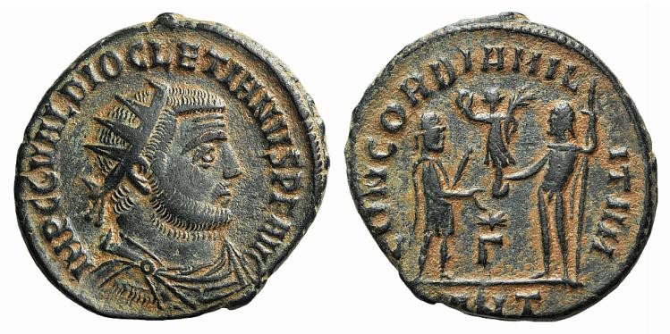 Diocletian (284-305). Radiate (18mm, 3.34g, 12h). Antioch, AD 296. Radiate, drap...