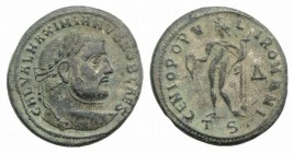 Galerius (Caesar, 293-305). Æ Follis (27mm, 10.19g, 6h). Thessalonica, c. 302-3. Laureate head r. R/ Genius standing l., holding patera and cornucopia...