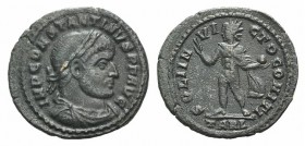 Constantine I (307/310-337). Æ Follis (20mm, 3.22g, 6h). Arelate, 313-4. Laureate, draped and cuirassed bust r. R/ Sol standing facing, head l., raisi...