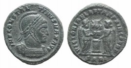 Constantine I (307/310-337). Æ Follis (18mm, 3.25g, 6h). Arelate, 319. Laureate, helmeted and cuirassed bust r. R/ Two Victories facing and inscribing...