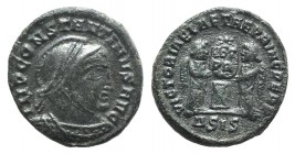 Constantine I (307/310-337). Æ Follis (17mm, 3.03g, 6h). Siscia, 318-9. Helmeted and cuirassed bust r. R/ Two Victories facing and inscribing VOT PR o...