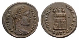 Constantine I (307/310-337). Æ Follis (18.5mm, 3.61g, 6h). Thessalonica, 326-8. Laureate head r. R/ Camp gate; dot//SMTSE. RIC VII 153. Brown patina, ...