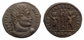 Constantine I (307/310-337). Æ Follis (17mm, 2.80g, 12h). Antioch, c. 333-5. Rosette-diademed, draped and cuirassed bust r. R/ Two soldiers standing f...