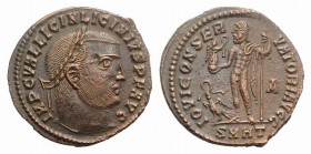 Licinius I (308-324). Æ Follis (22mm, 3.78g, 6h). Heraclea, AD 313. Laureate head r. R/ Jupiter standing front, head l., holding Victory on globe and ...