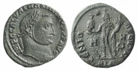 Maximinus II (309-313). Æ Follis (20mm, 4.81g, 6h). Alexandria, AD 313. Laureate head r. R/ Genius standing l., modius on head, holding head of Serapi...