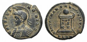 Crispus (Caesar, 316-326). Æ Follis (17mm, 3.67g, 6h). Londinium, 323-4. Helmeted and cuirassed bust l. R/ Globe set on altar inscribed VOT / IS / XX;...