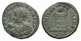 Constantine II (Caesar, 316-337). Æ Follis (18mm, 2.99g, 12h). Treveri, 322-3. Laureate, draped and cuirassed bust l., holding Victory on globe and ma...