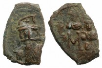 Constans II (641-668). Æ 40 Nummi (25mm, 4.75g, 6h). Constantinople, 666-668. Helmeted bust of Constans facing, holding globus cruciger; K to r. R/ La...