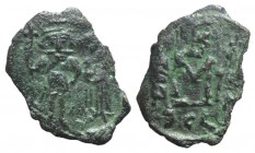 Constans II (641-668). Æ 40 Nummi (26mm, 3.13g, 6h). Syracuse, 659-668. Constans, holding long cross with r. hand, and Constantine IV, both crowned, s...