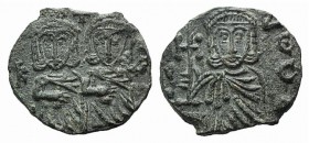 Constantine V (741-775). Æ 40 Nummi (20mm, 3.68g, 6h). Syracuse, 757-775. Crowned facing busts of Constantine and Leo IV, each wearing chlamys and hol...