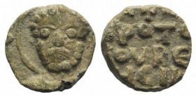 Byzantine Pb Seal, c. 7th-12th century (14mm, 4.37g, 12h). Nimbate bust facing. R/ Legend in three lines. VF